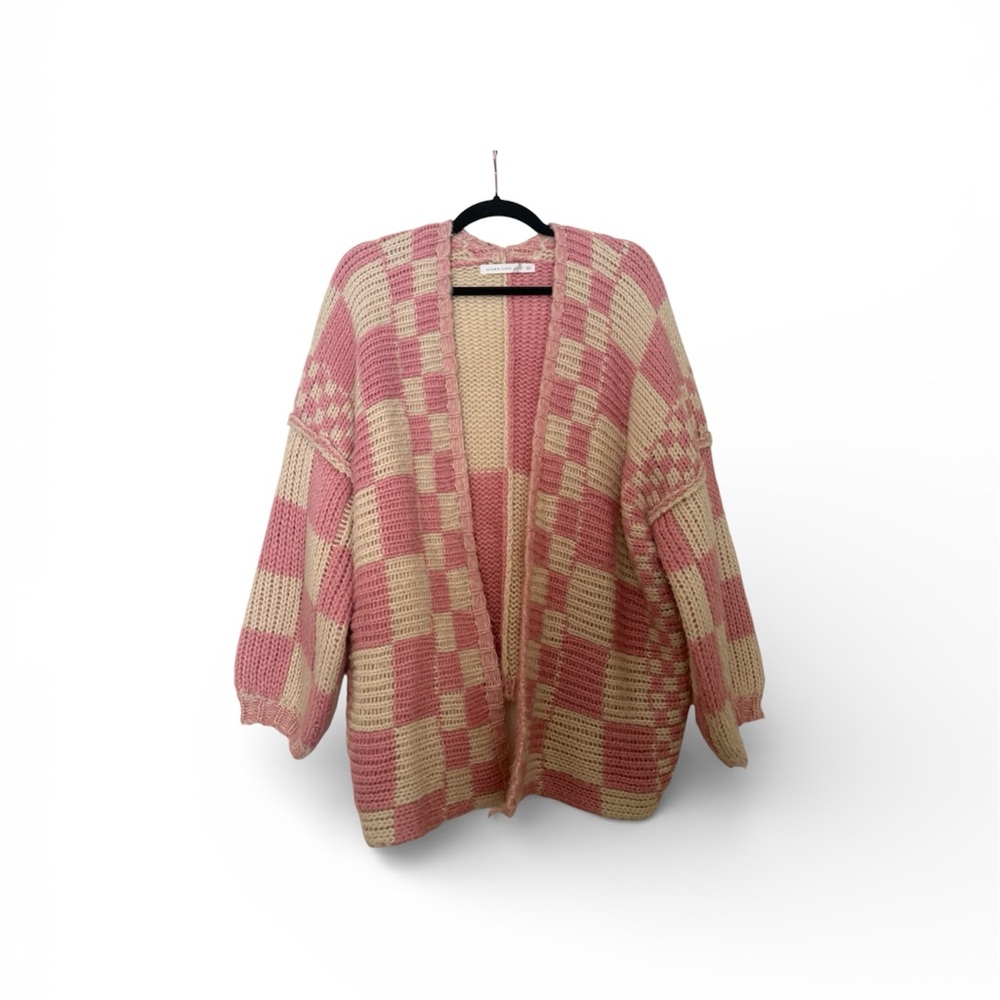 Altar'd State Pink and Cream Checkered Cardigan